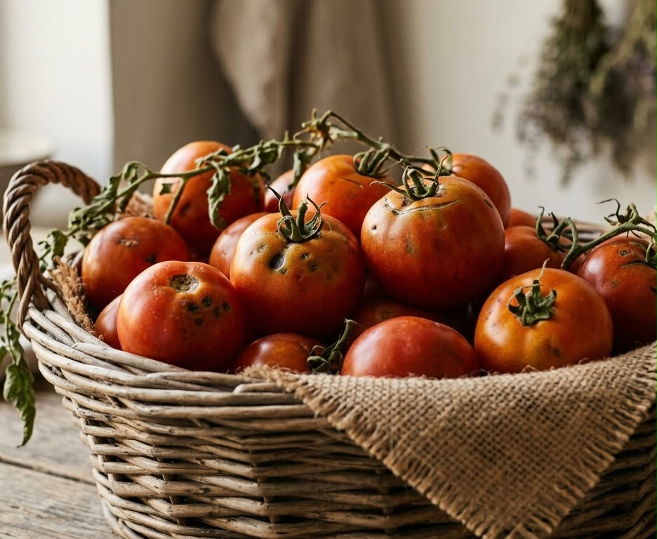Diseased tomato harvest — early blight and skin decay visible on the fruit before KrishiScan diagnosis